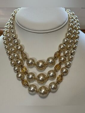 Vintage Japan Triple -Strand Champagne Faux Pearl Necklace